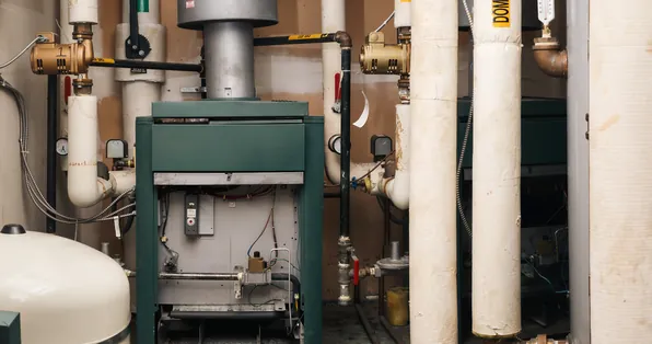Gas boiler with insulated hot-water piping in a mechanical room