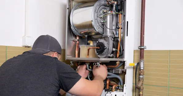 Technician servicing a wall-hung gas boiler with its cover removed