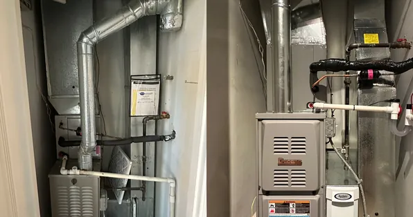 Gas furnace with its venting and gas piping in a utility closet
