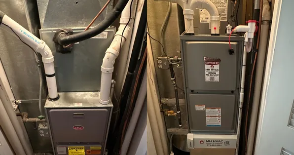 Two views of a gas furnace with PVC venting and an MH HVAC service sticker