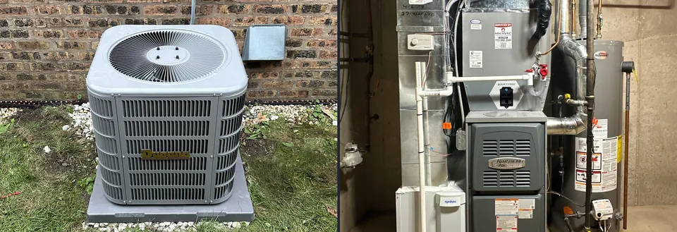 A Ducane condenser outside a brick home, and an Armstrong Air furnace in a basement utility room