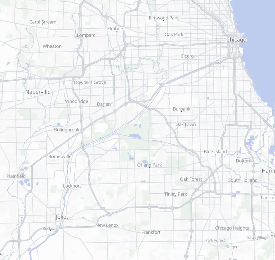Map of the MH HVAC service area across the southwest and western Chicago suburbs, from Elmhurst and Downers Grove south to Tinley Park and Mokena